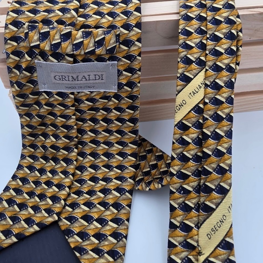 Grimaldi Mens‎ Silk Tie Gold Navy Blue Geometric Abstract Made in Italy Necktie